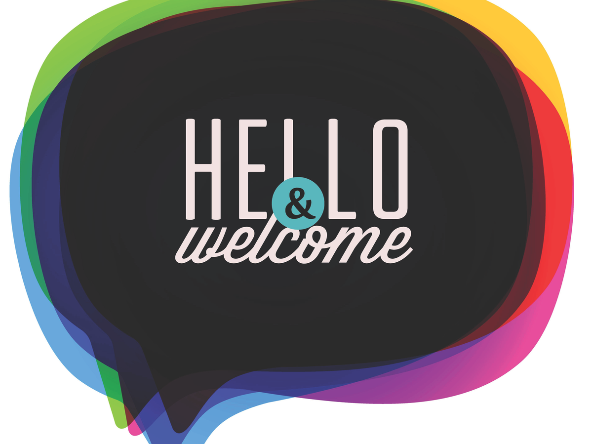 speech bubble saying "hello & welcome"
