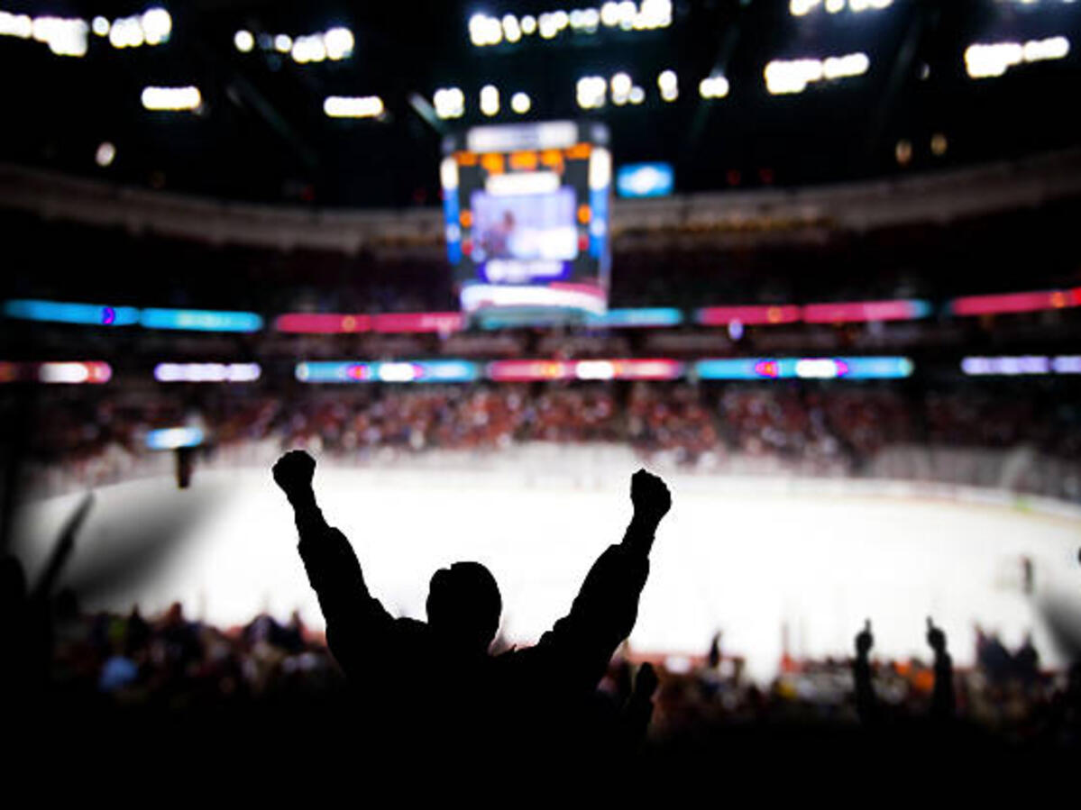 A fan cheering at an ice rink